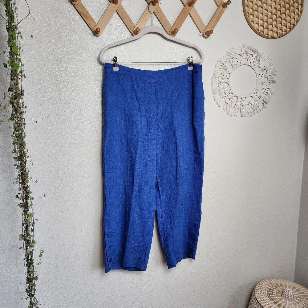 Chico's Linen Button Hem Crop Pants Women's 2 Blue Pull On Relaxed Fit W…